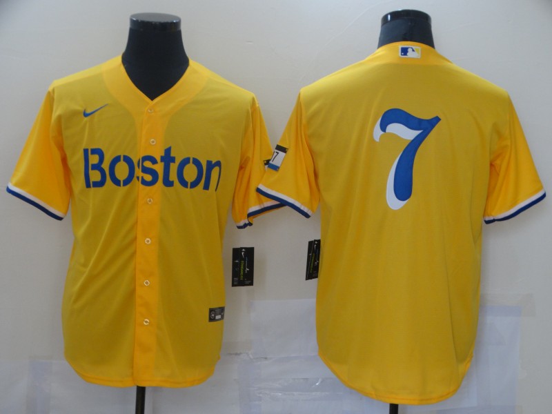 Men Boston Red Sox 7 No name Yellow Game 2021 Nike MLB Jerseys